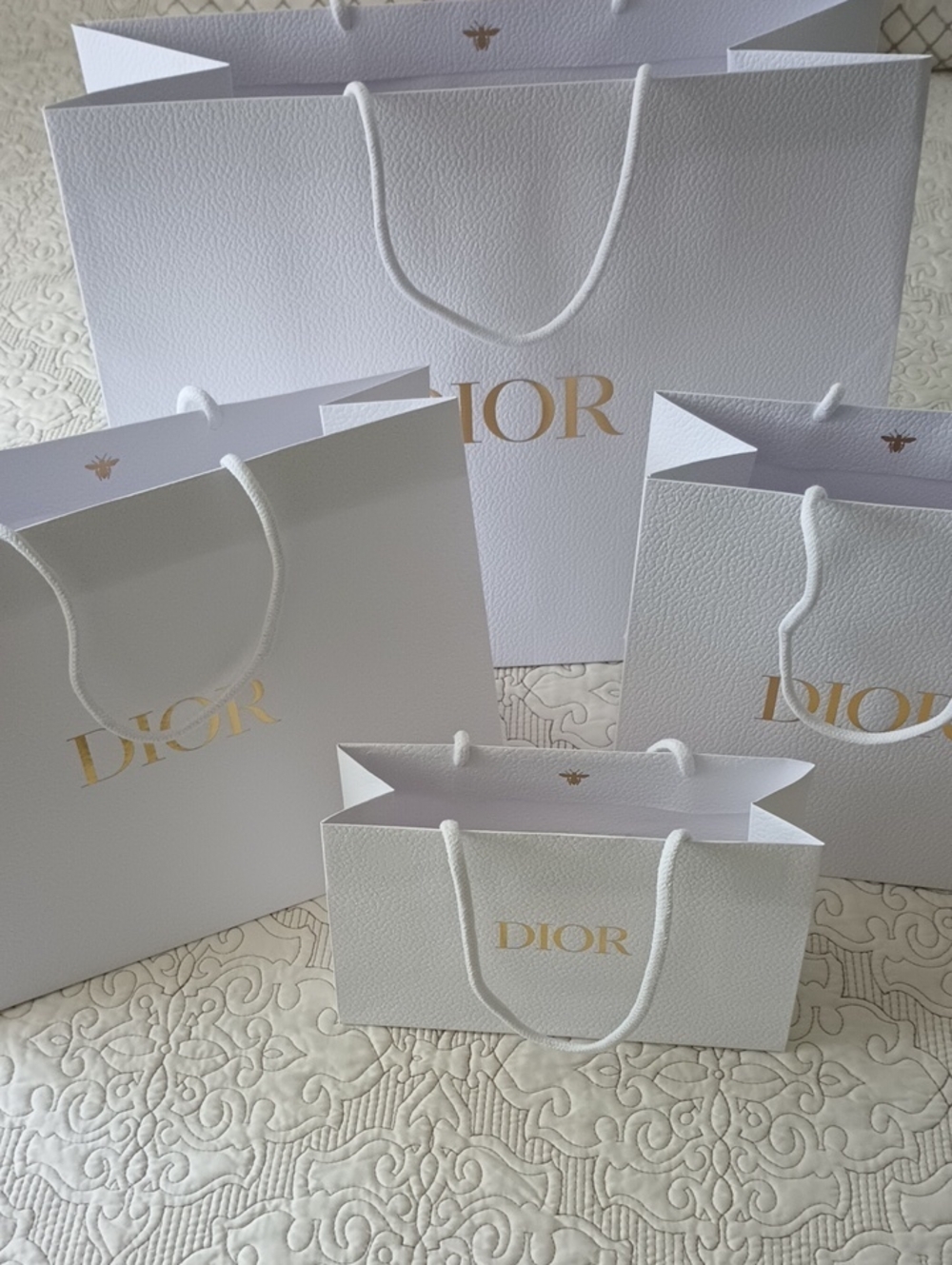 Dior White Shopping Bags Set of 4  with Gold Logo new Unused